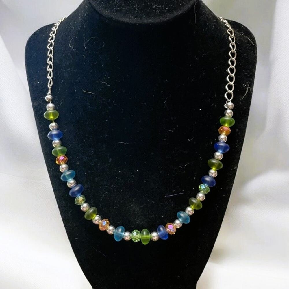 Frosted Sea Glass, Iridescent Crystal, Silver Ball Beaded Loop Link Necklace